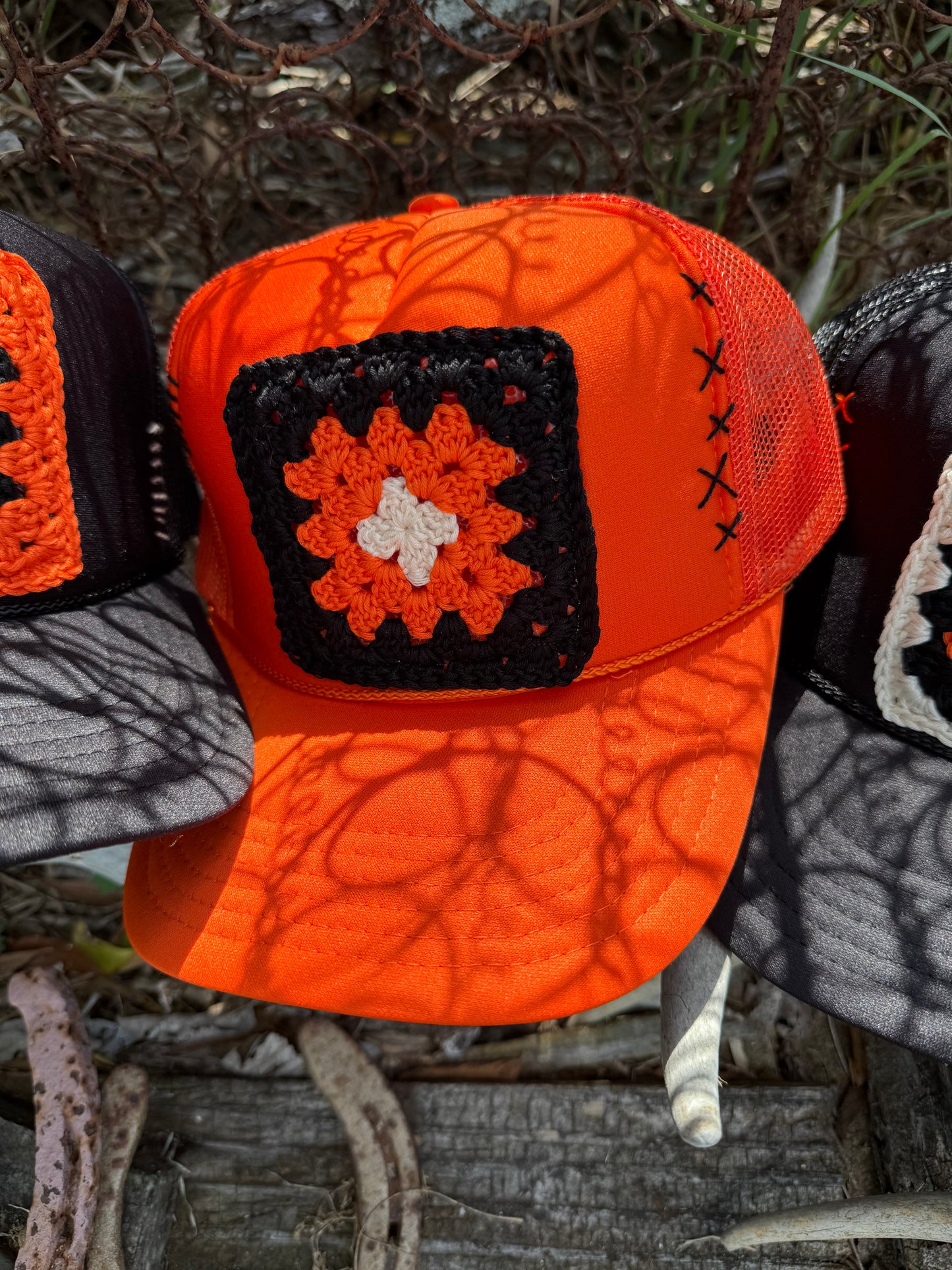ORANGE & BLACK GRANNY SQUARE CAPS