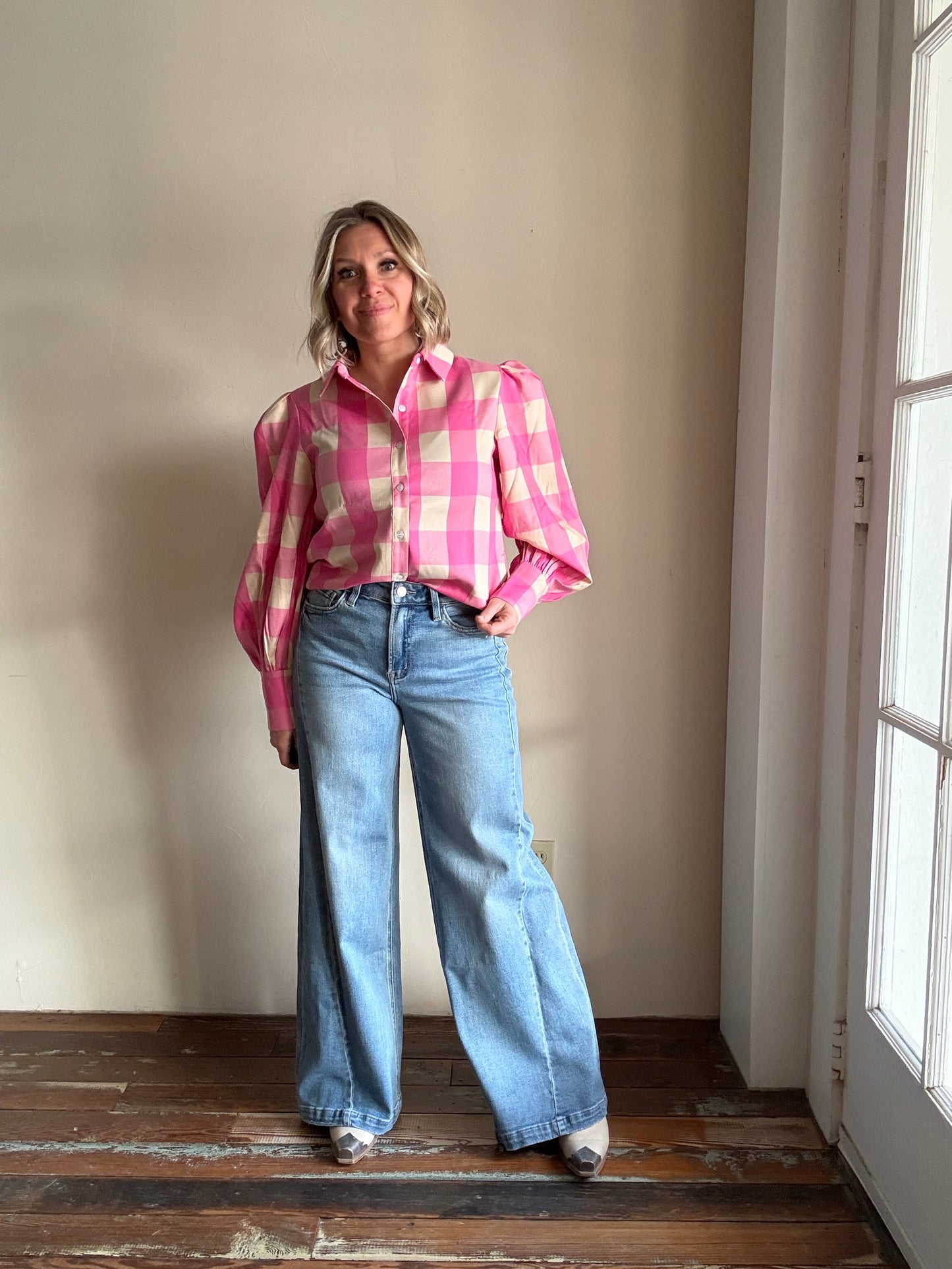 PINK GINGHAM PUFF SLEEVE TOP