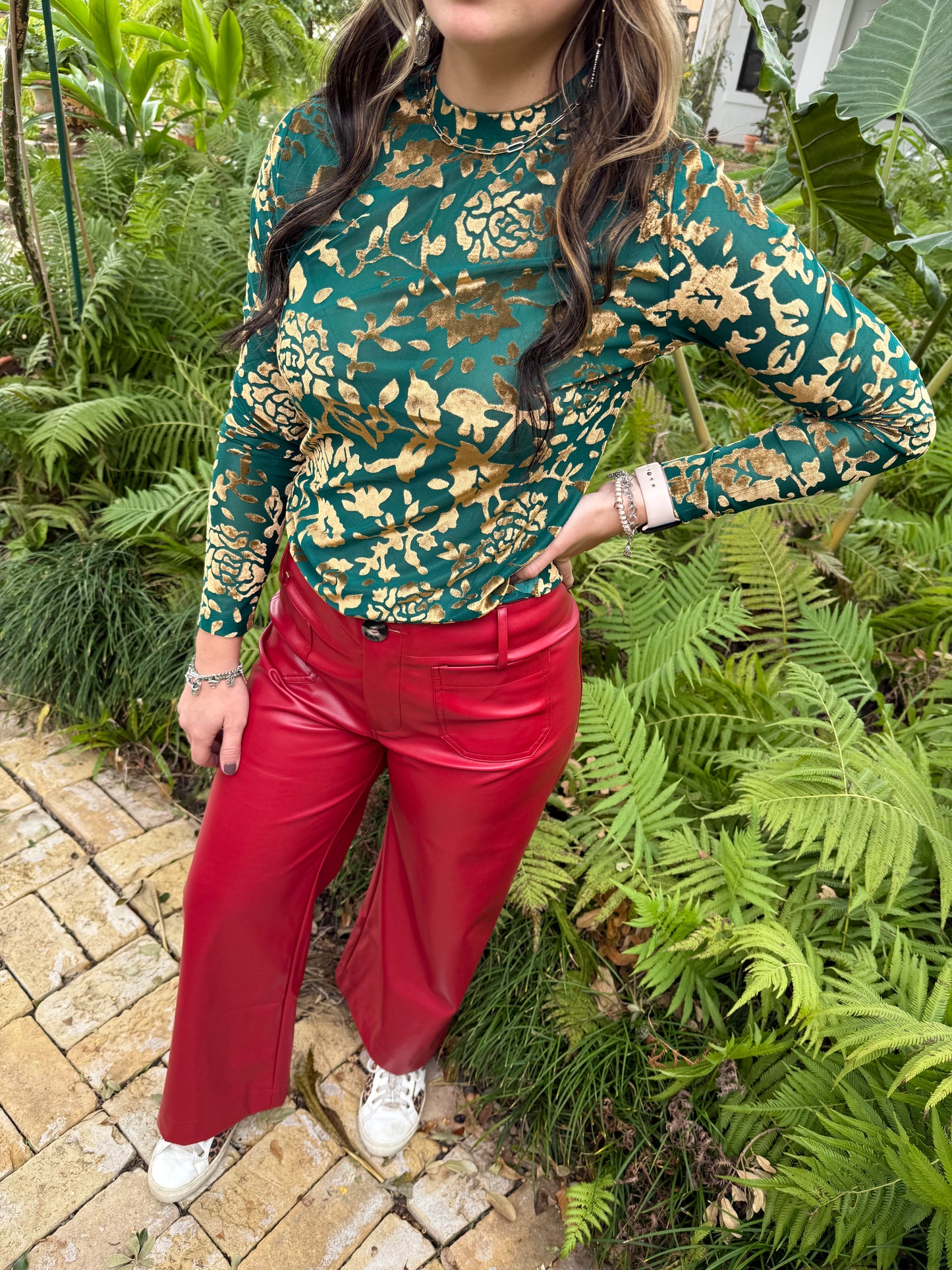 EMERALD GOLD VELVET MESH TOP