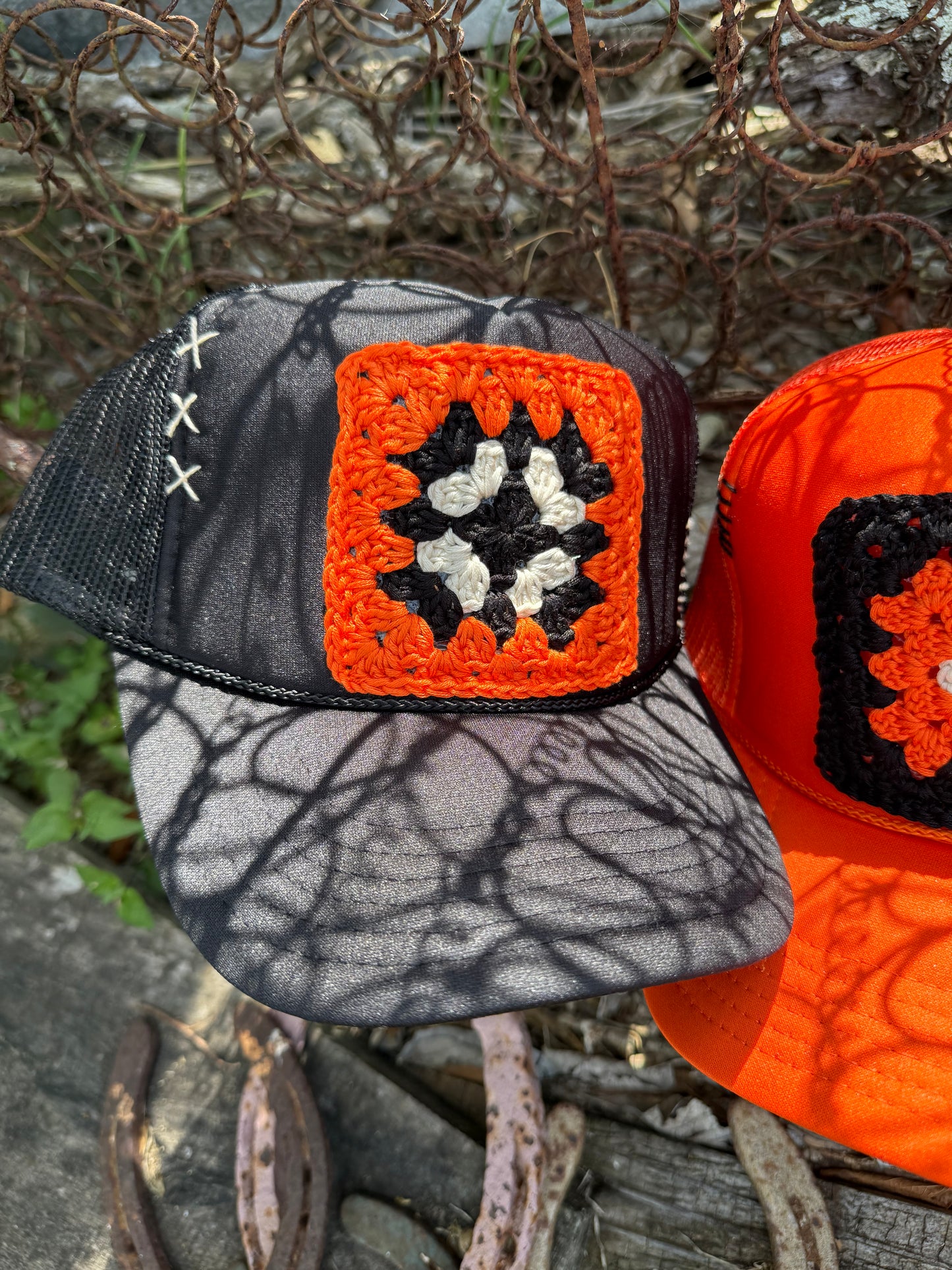 ORANGE & BLACK GRANNY SQUARE CAPS