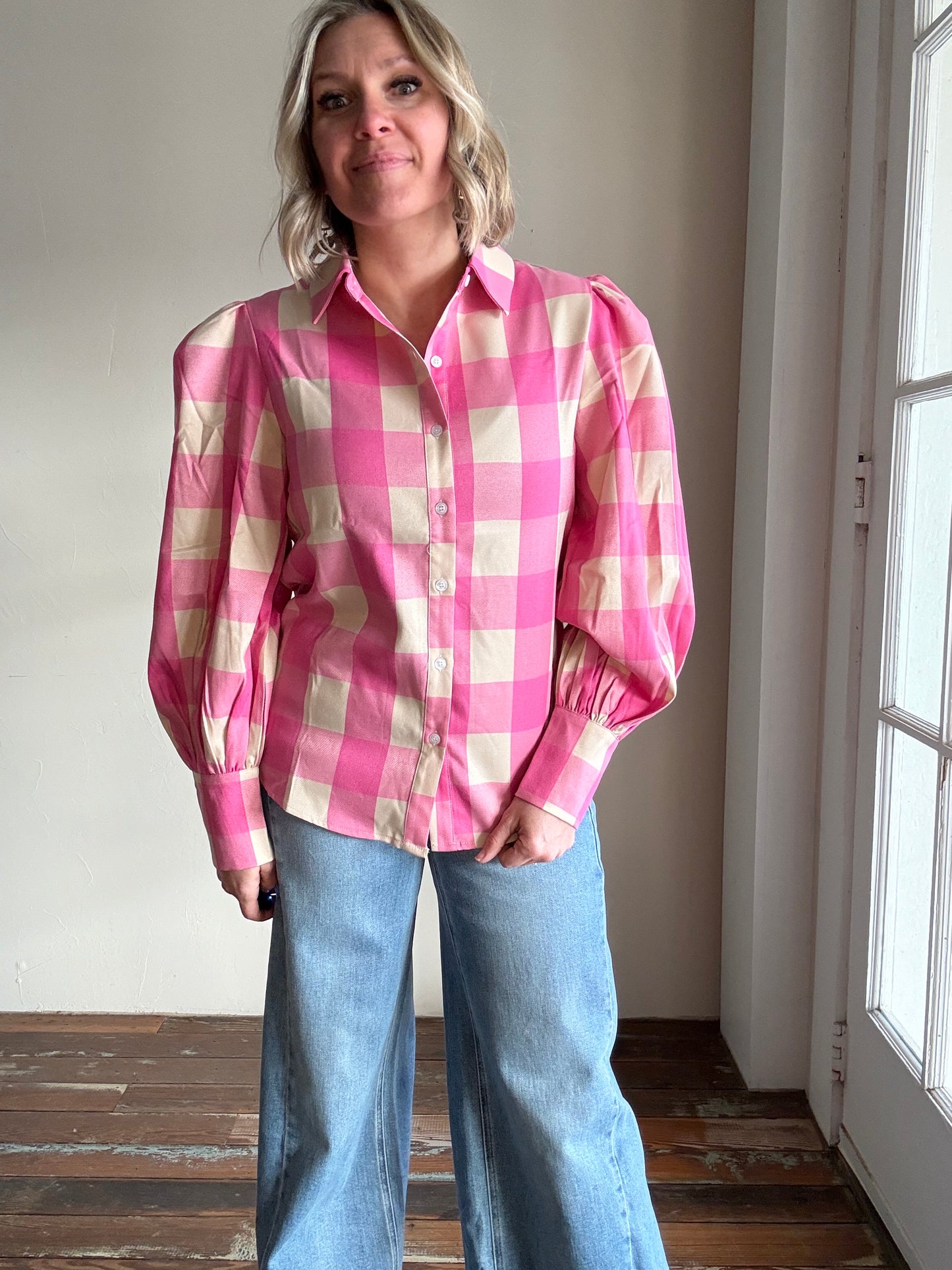 PINK GINGHAM PUFF SLEEVE TOP