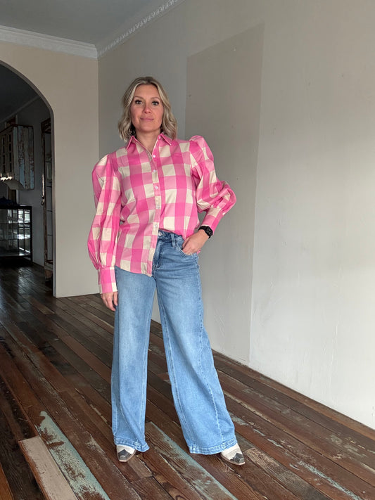 PINK GINGHAM PUFF SLEEVE TOP