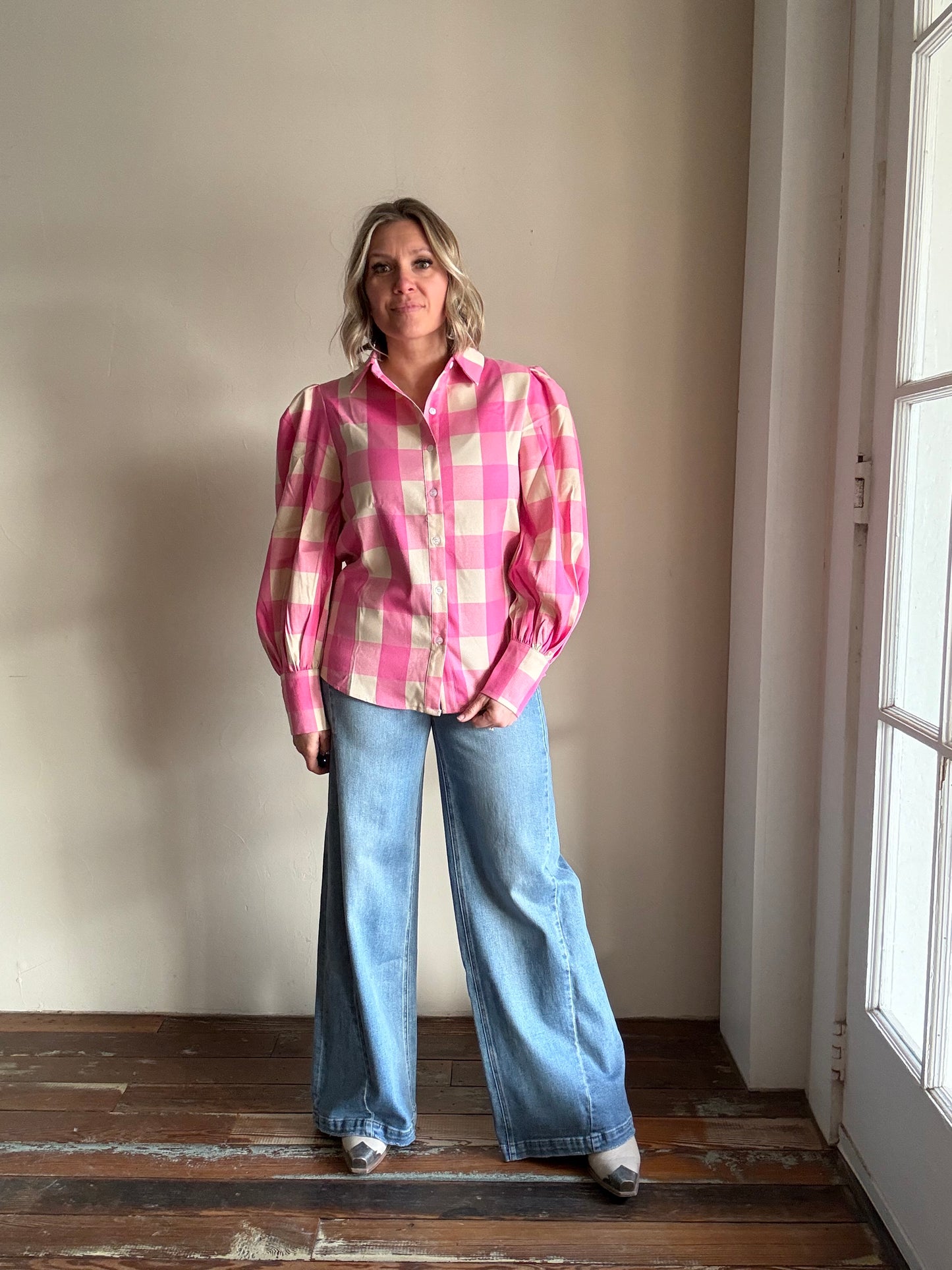 PINK GINGHAM PUFF SLEEVE TOP