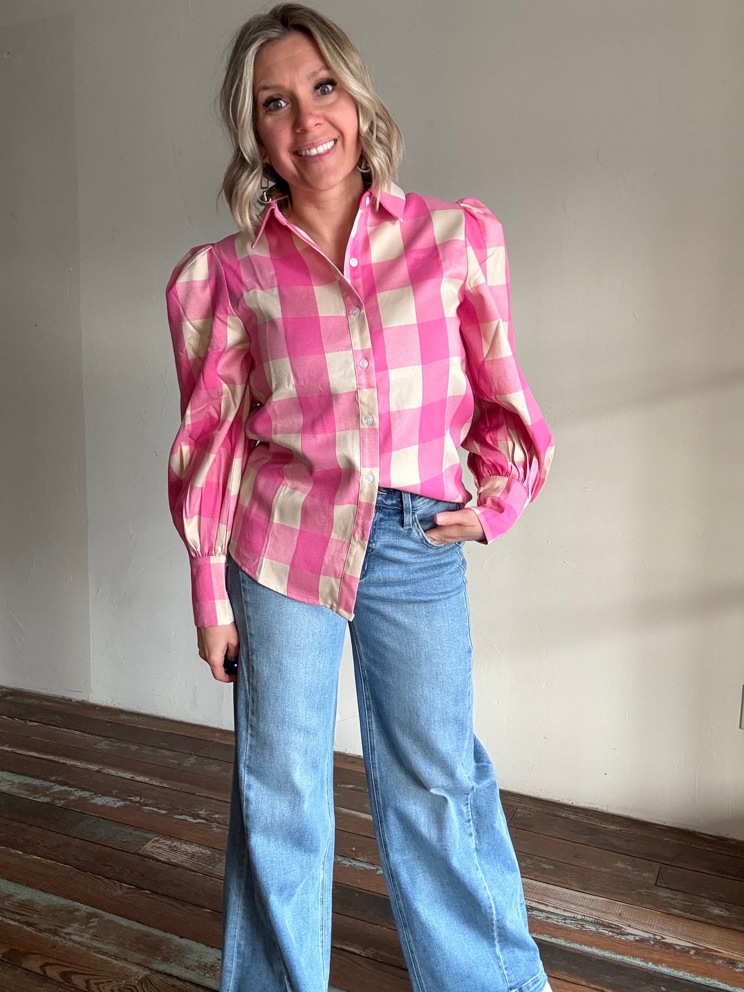 PINK GINGHAM PUFF SLEEVE TOP