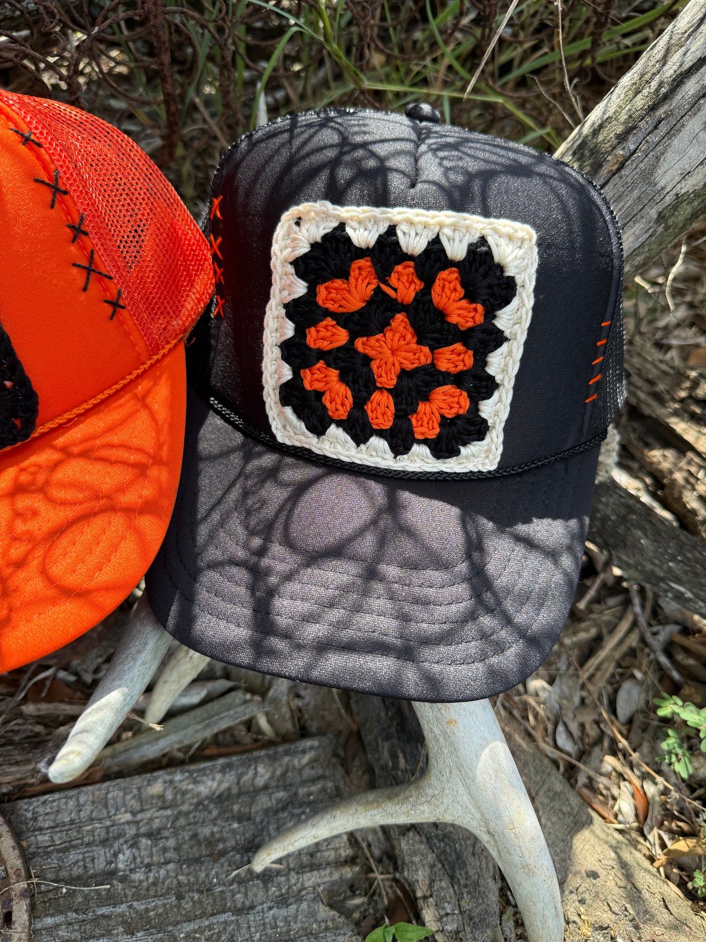 ORANGE & BLACK GRANNY SQUARE CAPS