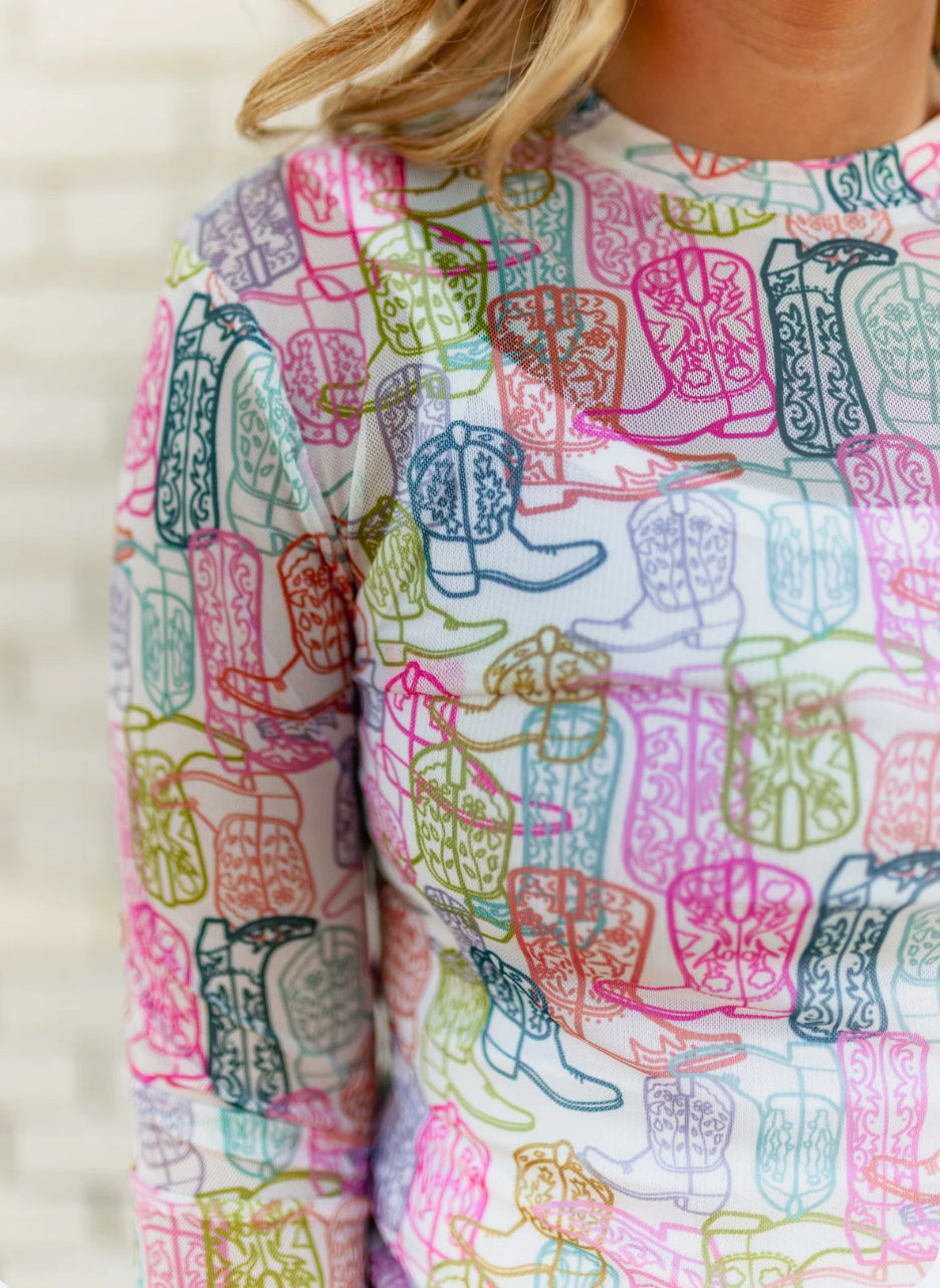 WESTERN PRINT MESH TOPS