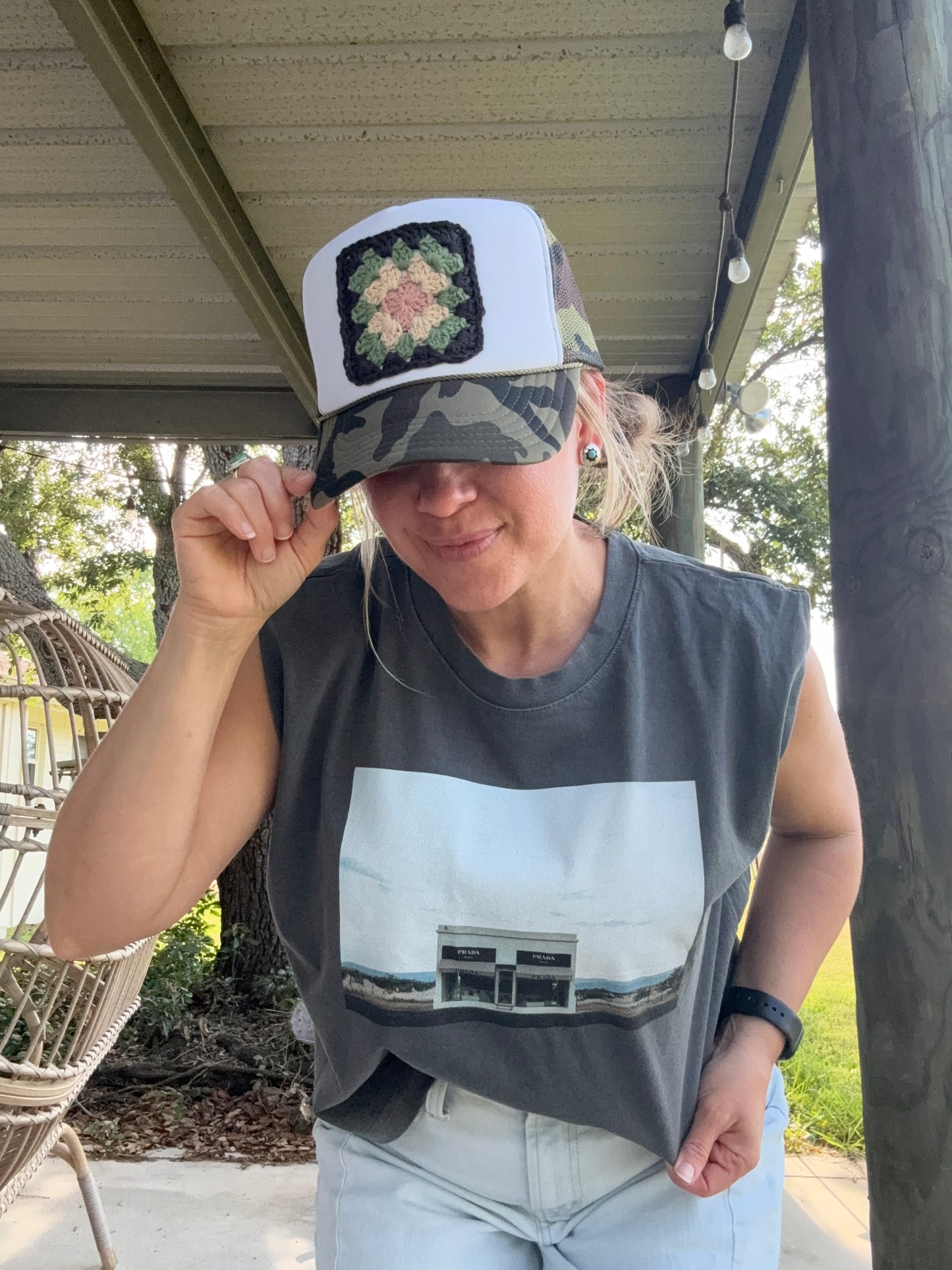 CAMO GRANNY SQUARE TRUCKER