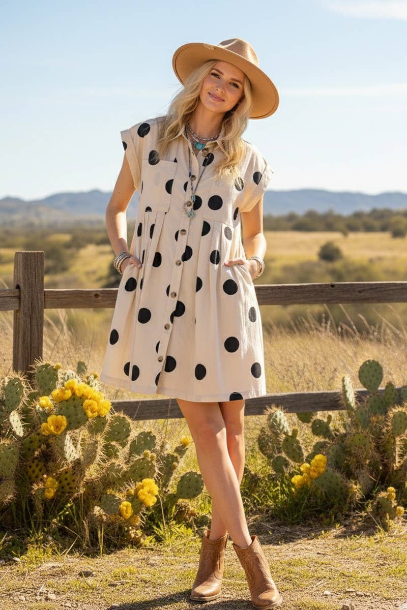Polka Dot Button Down Pleated Dress