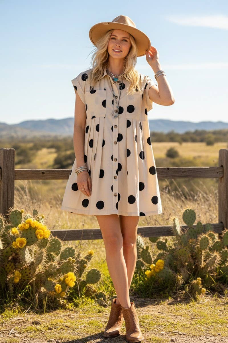 Polka Dot Button Down Pleated Dress