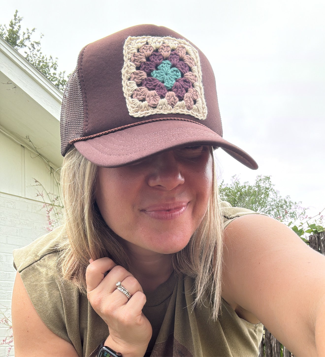 Brown granny square patch cap