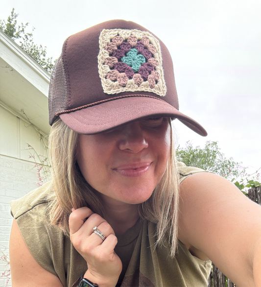 Brown granny square patch cap