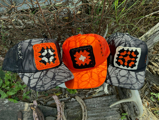 ORANGE & BLACK GRANNY SQUARE CAPS