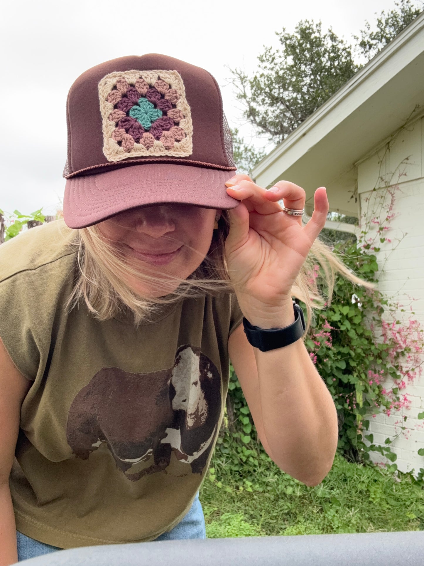 Brown granny square patch cap