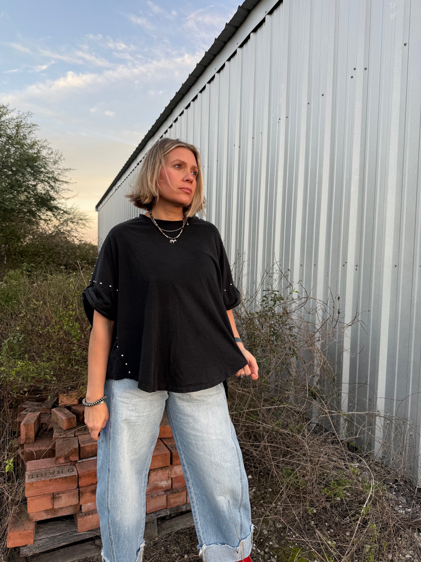 BLACK STUDDED HIGH LOW TOP