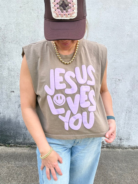 Smiley Jesus Loves You Puff Tank