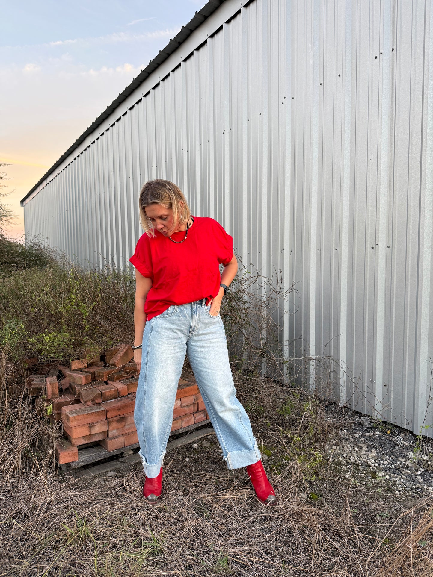 RED ELASTIC SLEEVE TOP