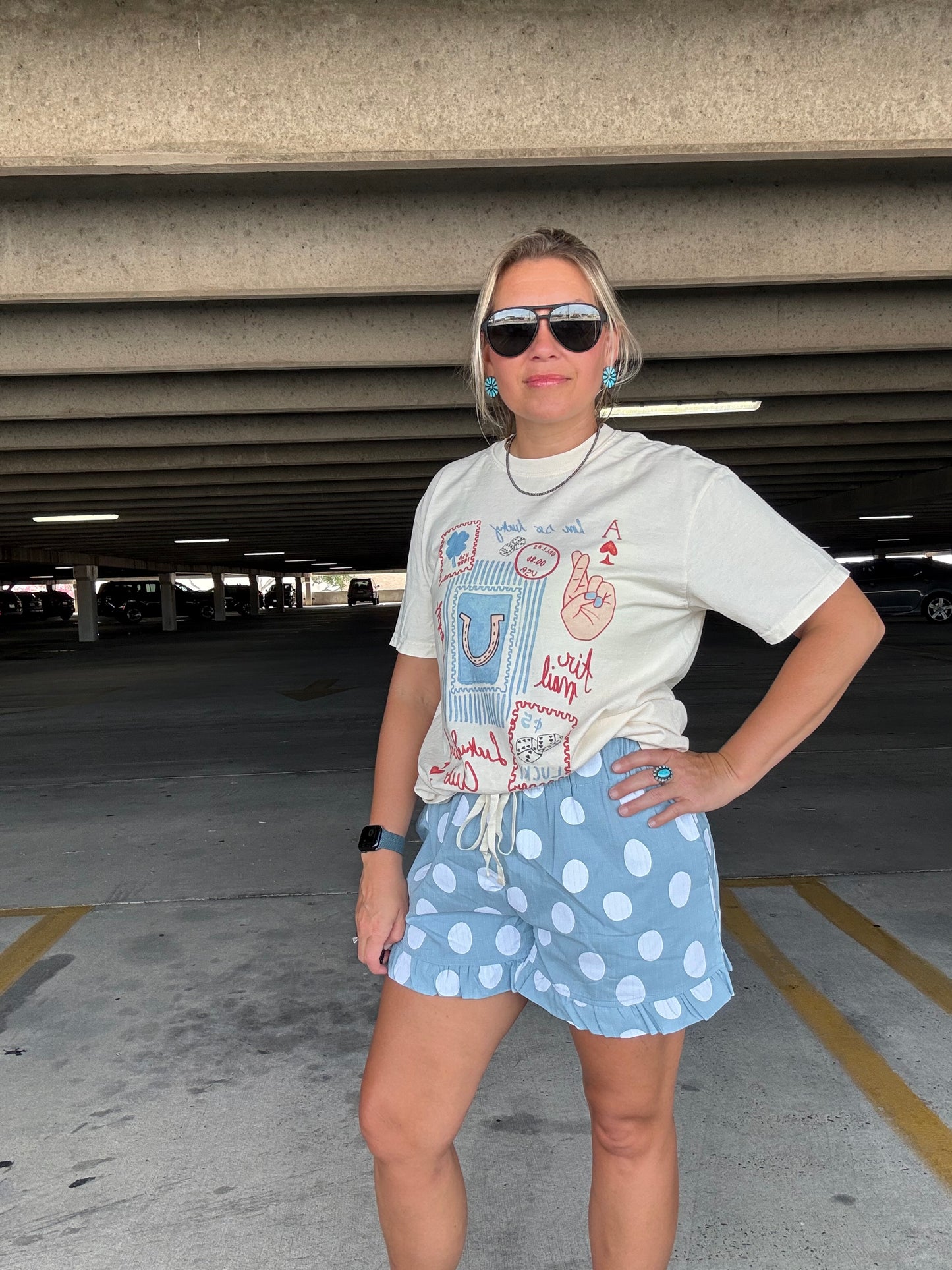 Polka Dot Ruffle Hem Full Lined Drawstring Shorts