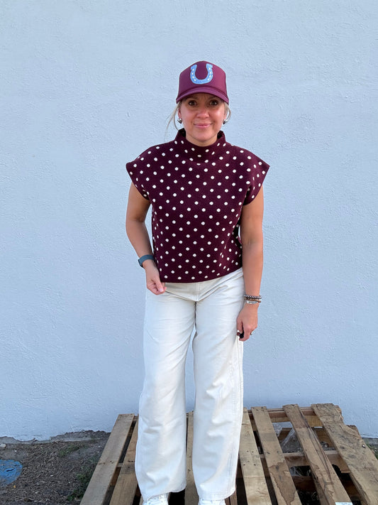 MAROON DOT CAP SLEEVE TOP