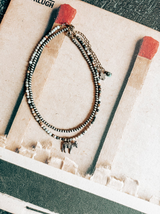 The Boquillas set. 
15”Picasso Jasper beaded necklace with silver donkey + 14” Laurent Navajo necklace.