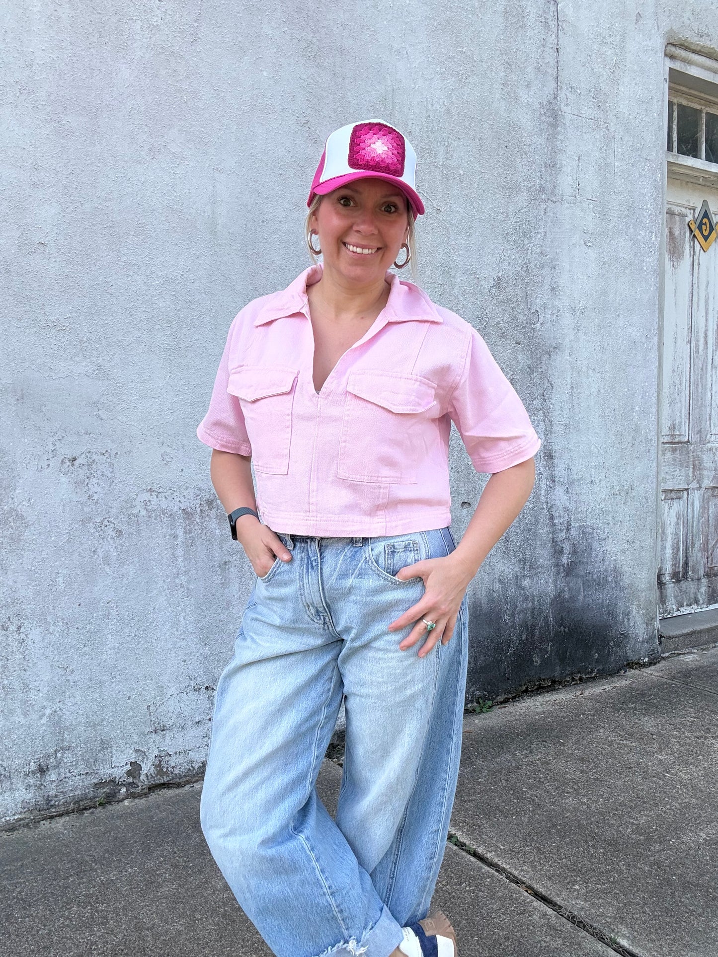 PINK DENIM CROPPED SHIRT