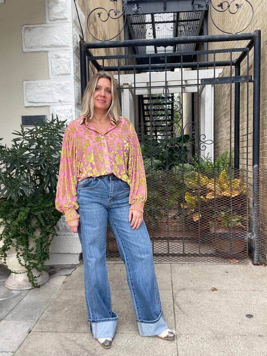 PINK/LIME VELVET DROP SLEEVE TOP