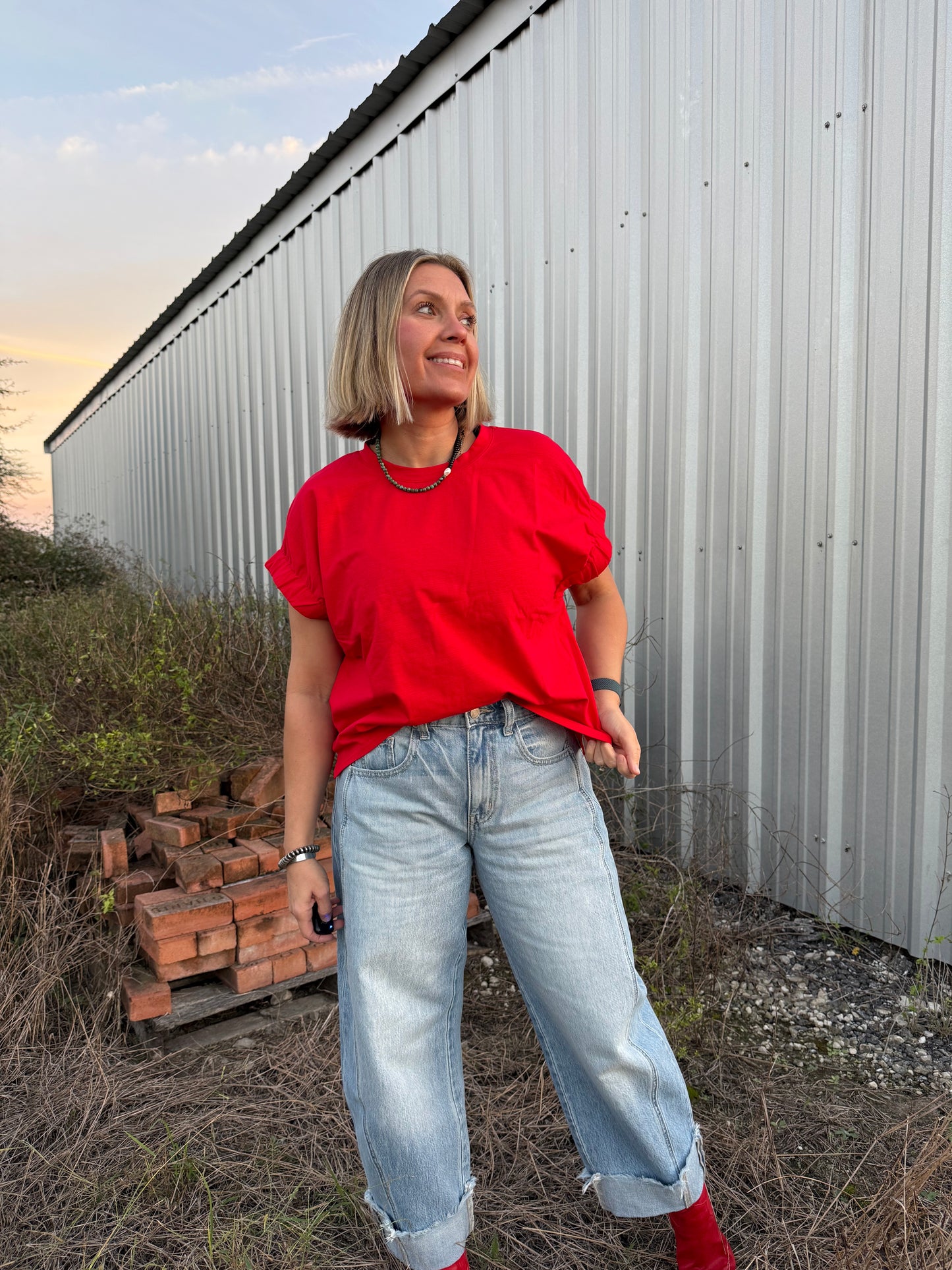 RED ELASTIC SLEEVE TOP