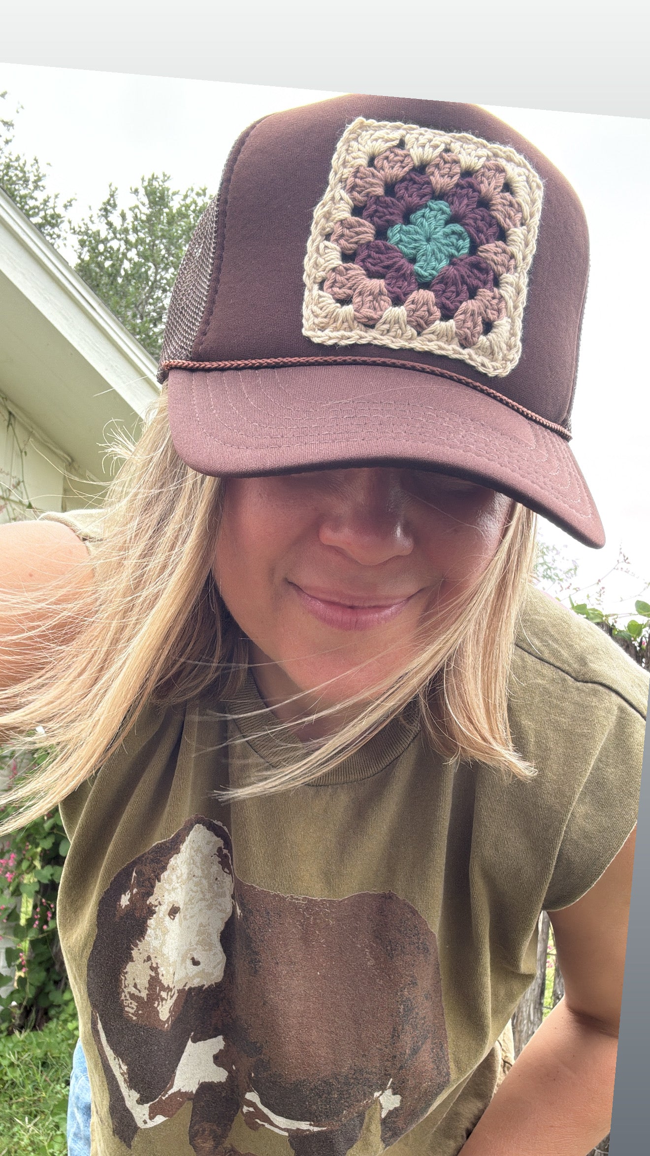 Brown granny square patch cap