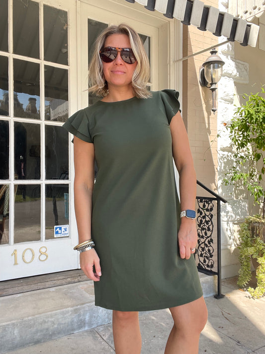 OLIVE GREEN RUFFLE SLEEVE DRESS