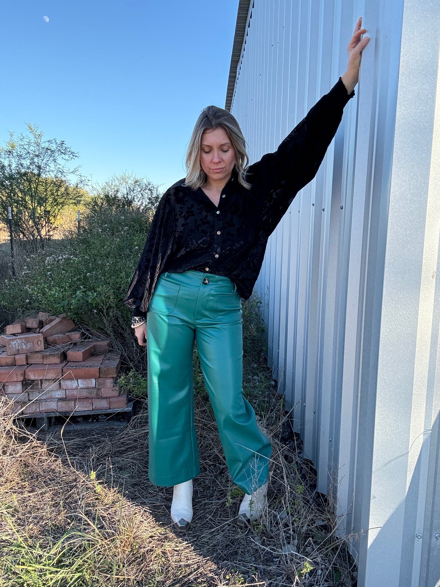 EMERALD GREEN FAUX LEATHER PANTS