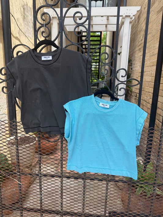 CAP SLEEVE T-SHIRT - AQUA/BLACK