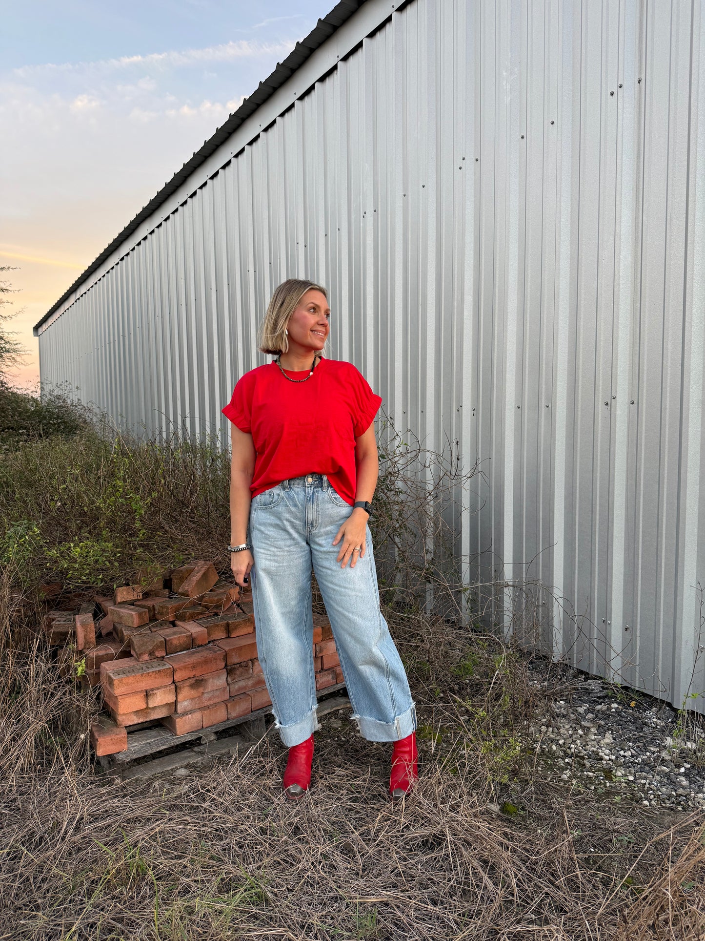 RED ELASTIC SLEEVE TOP