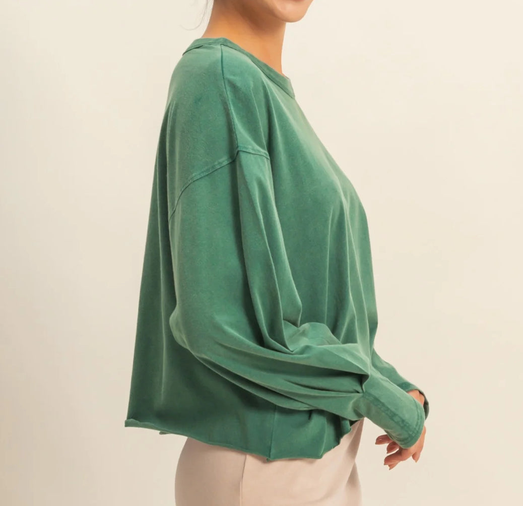 LONG SLEEVE COTTON TOP IN DARK GREEN