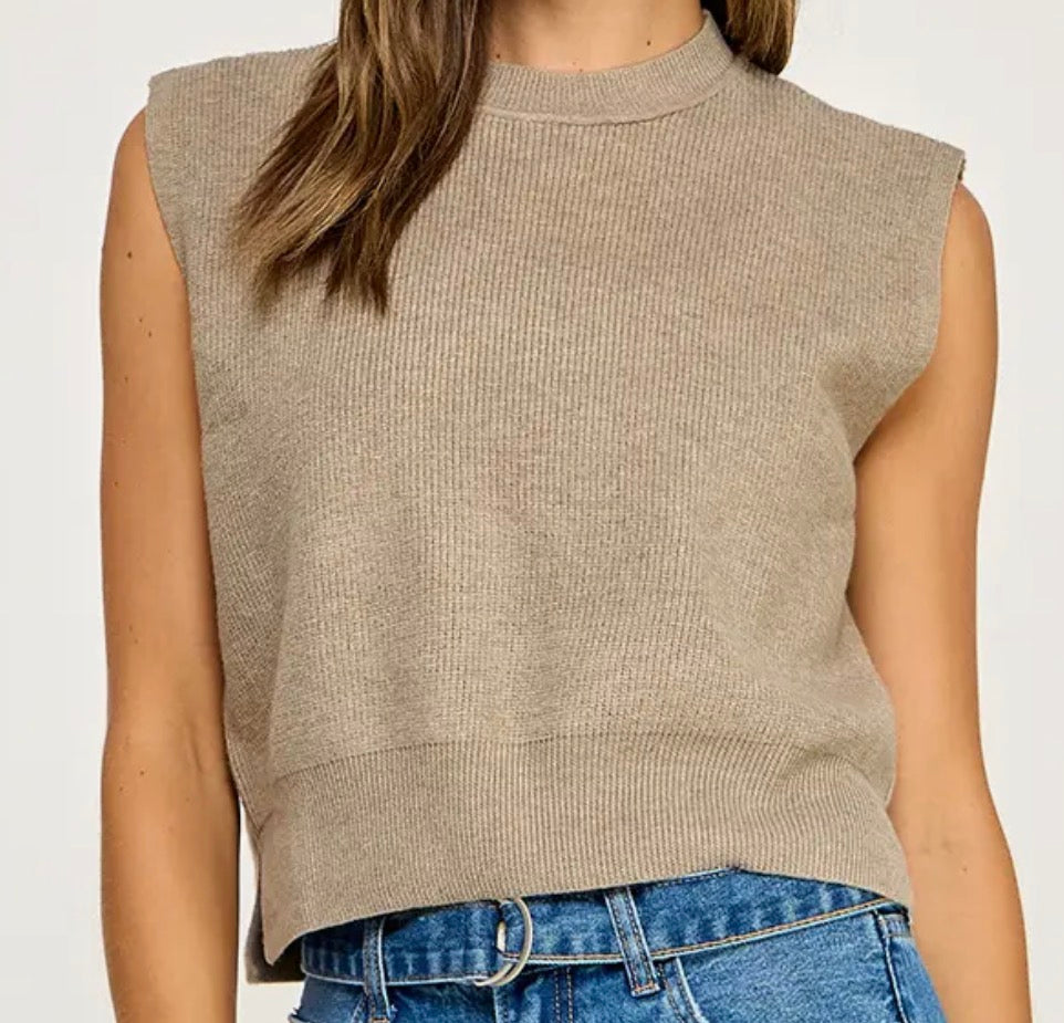 TAUPE SLEEVELESS SWEATER TOP