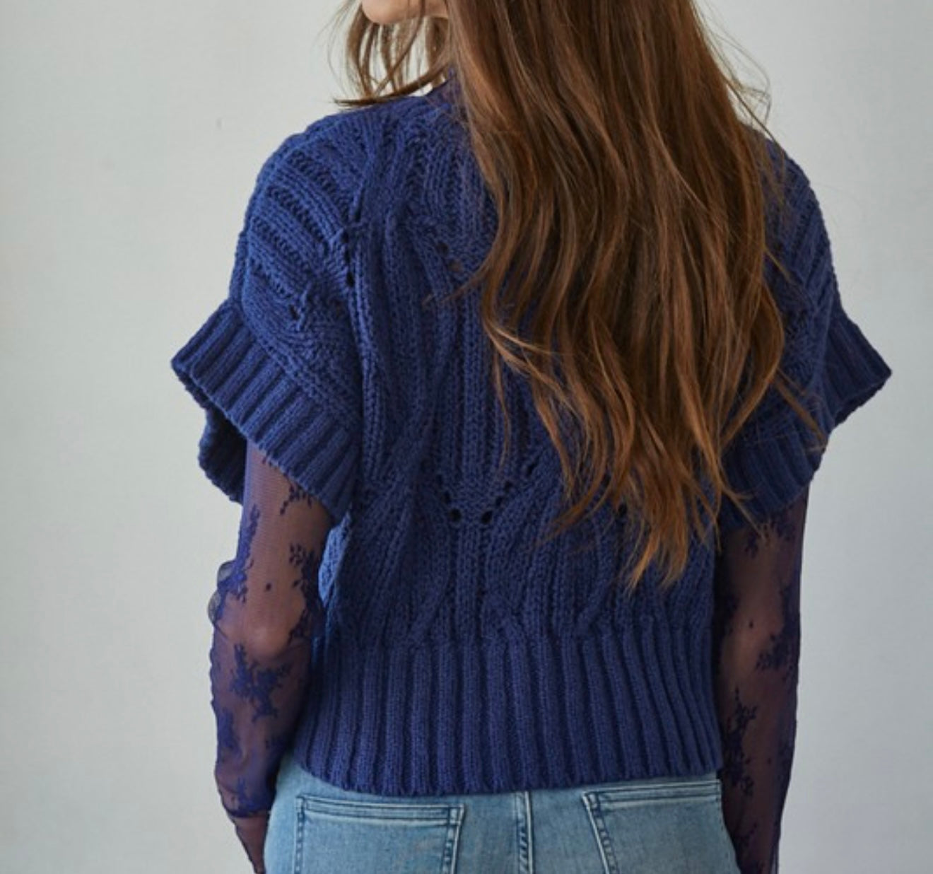 NAVY CROCHET SWEATER TOP