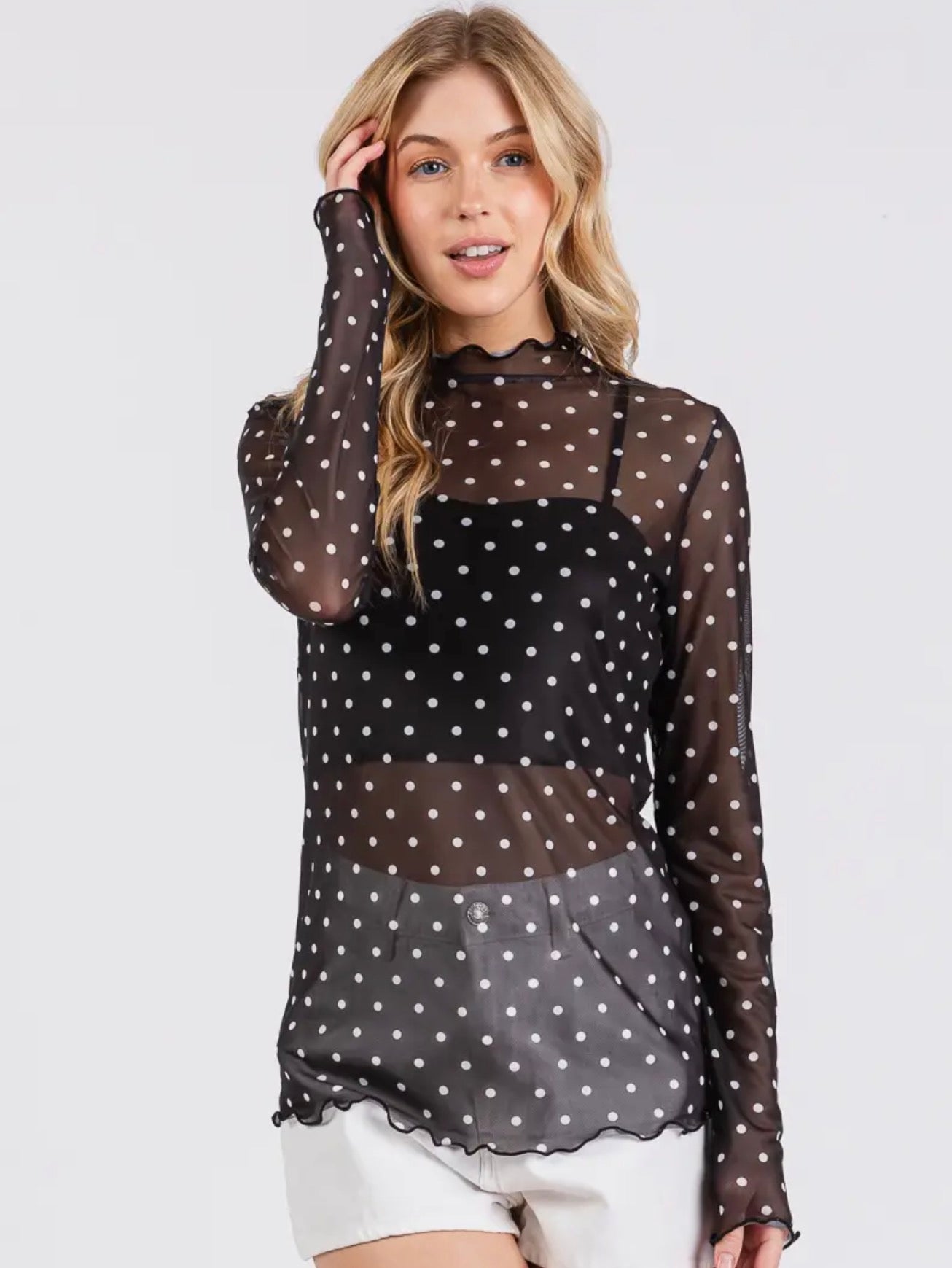 BLACK POLKA DOT MESH TOP