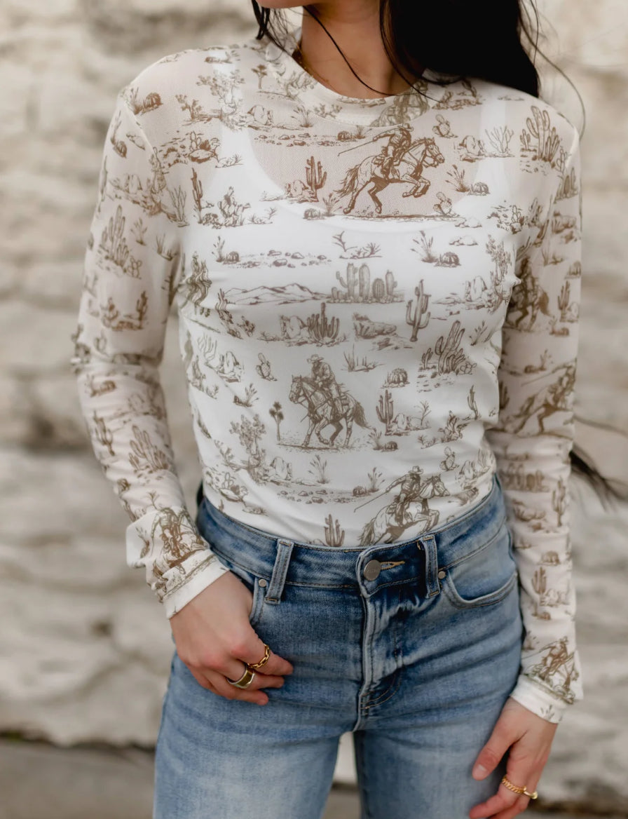 WESTERN PRINT MESH TOPS