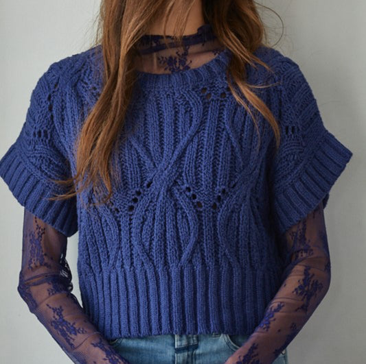 NAVY CROCHET SWEATER TOP