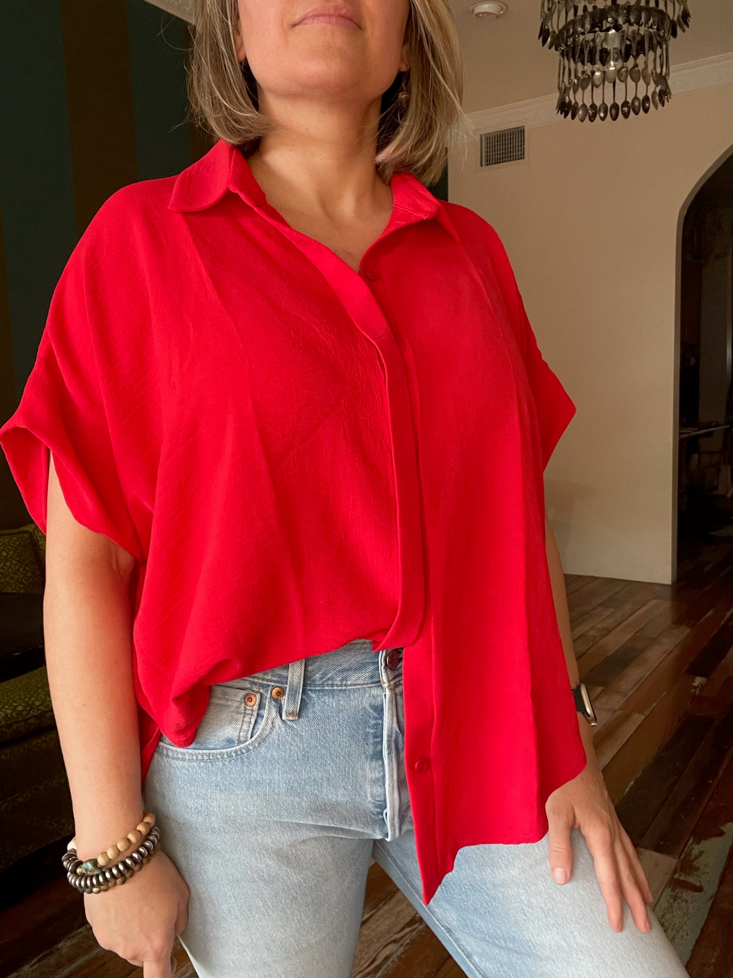 RED {Bucket List} BUTTON UP TOP