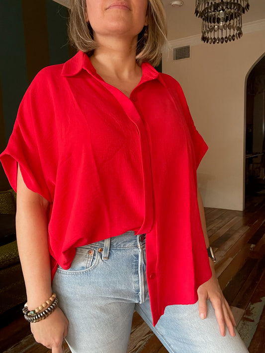 RED {Bucket List} BUTTON UP TOP